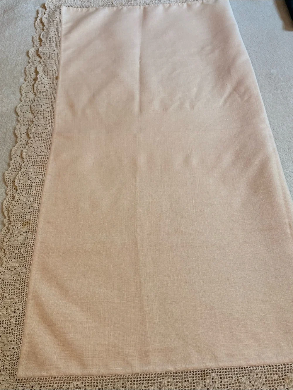 Classic Crochet Lace Trim Linen Tablecloth in Cream Tan Vintage Handmade